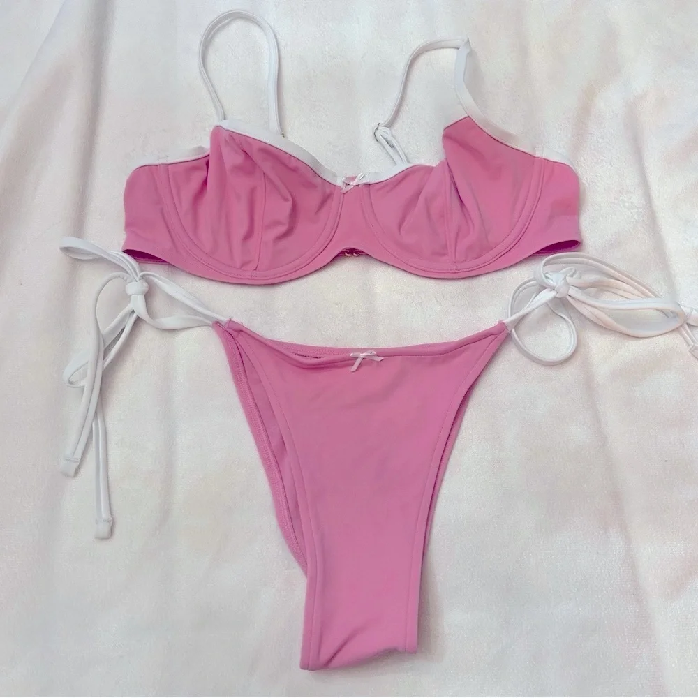 New! Frankie’s Bikinis x PINK Pink and White Bikini Set 3983